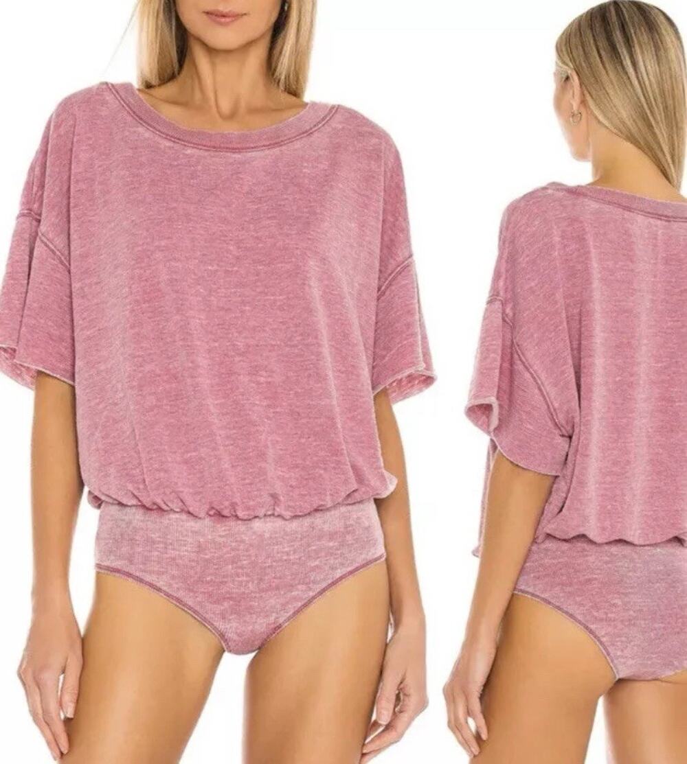 FREE PEOPLE Cozy Girl Bodysuit T-Shirt Top Burgundy Pink Winding Road S